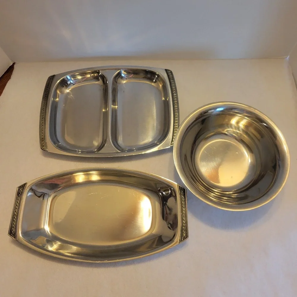 Vtg MCM Madeira Stainless‎ Serving Set Trays Divided Dish Bowl Floral Rim